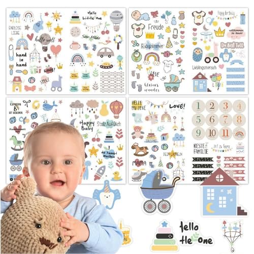 Onperpoe Sticker Babyalbum 4 Blatt Sticker Fotoalbum Sticker Baby Aufkleber Set 212stk Fotoalbum Sticker Mädchen Junge Baby Sticker Fotoalbum für Kinder Babyparty Geschenk Jahr Buch Scrapbook Zubehör von Onperpoe