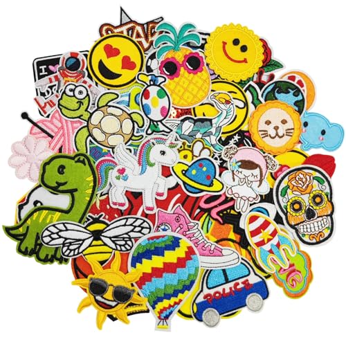 Onperpoe 60 Stück Bügelflicken Kinder Patches zum Aufbügeln Flicken zum Aufbügeln Kinder Kommt mit Nadeldrahtbeutel Aufnäher Kinder Smiley Tiere Autos für T-shirt Jacken Jeans Kleidung Taschen von Onperpoe