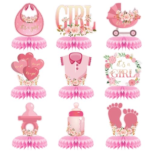 9 Stück Babyparty-Dekorationen, Waben-Mittelstücke, rosa Babyparty-Tischdekorationen für Mädchen, 3D-Baby-Geschlechtsoffenbarung, Dekorationen mit Blumenmuster für Babyparty, Partyzubehör von Onperpoe