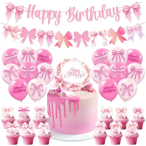 Geburtstagsdeko Rosa Party Deko Geburtstag für Mädchen Pink Fliege Rosa Luftballons Geburtstag Dekoration mit Happy Birthday Girlande Geburtstagsdeko Pink für Geburtstag Babyparty Hochzeit Dekorations von Onperpoe