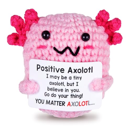 Lustige Positive Crochet Animal Axolotl mit Inspirierender Karte Positive Geschenke Emotional Support Strickpuppe aus Wolle Handgefertigt Plüsch Geschenke für Frauen Mädchen Geburtstag Weihnachten von Onperpoe