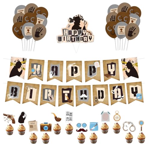 Onperpoe 32 Stück Detektiv Geburtstag Deko Set Detective Party Zubehör beinhaltet Happy Birthday Banner Kuchen Topper Cupcake Toppers Ballons für Detective Party Mystery Party Dekorationen von Onperpoe