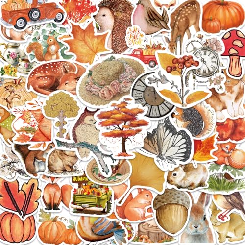 Onperpoe 50 Stück Herbst Sticker Wald Pflanze Sticker Set Wasserdicht Vinyl Aufkleber Herbst Aufkleber Fenster Aufkleber Deko Scrapbook Aufkleber Ahornblatt Kürbis Pilze Beeren Pflanze Eichhörnchen von Onperpoe