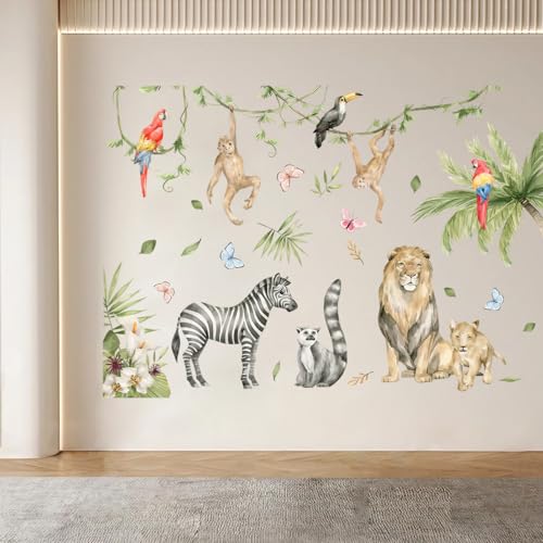 Onperpoe Wandtattoo Dschungel Tiere Baum Zweig Wandaufkleber Selbstklebend Löwe Zebra Affe Papagei Schmetterling Wandsticker Kinderzimmer Babyzimmer Schlafzimmer Wanddeko für Jungen von Onperpoe