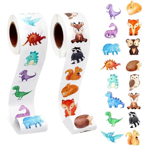 Tier Aufkleber Dinosaurier Sticker Runde Dino Aufkleber Cartoon Animal Sticker Rolle Vinyl Sticker Kinder Motivationssticker für Klassenzimmer Geschenke Lehrer Eltern Belobigung Schüler (2 Rolle) von Onperpoe