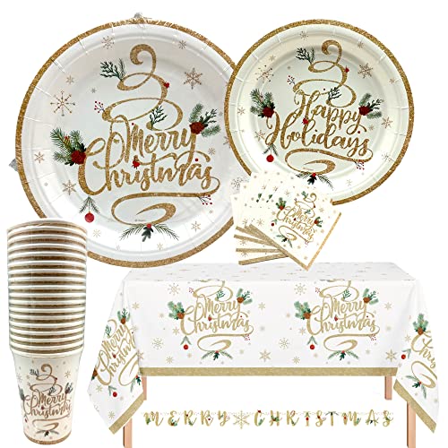 Serves 18 Merry Christmas Holiday Party Supplies Includes Speiseteller, Dessertteller and Napkins Ideal for Holiday Party Home Office School Arbeit Party von Oojami