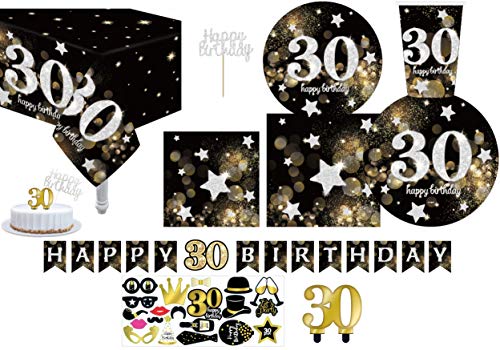 Serves 30 | Essential 30th Birthday Party Pack | Happy 30th Birthday | 22.9 cm Dinner Paper Plates | 17.8 cm Dessert Paper Plates | 340.2 g Cups | 3-lagige Servietten | Cake Topper | Candle | Photo von Oojami