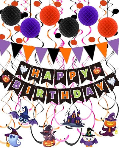 Oomloid Halloween Geburtstag Party Dekorationen - Happy Halloween Birthday Banner, Hängende Swirl Streamer Dreieck Flagge Wimpelkette für Halloween Party Supplies Geburtstag Dekorationen von Oomloid