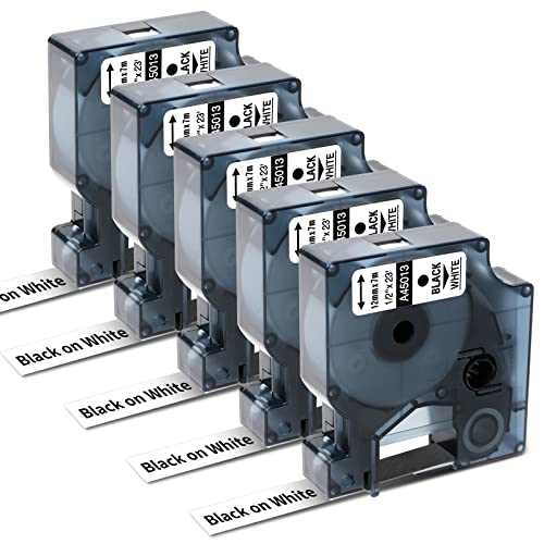 Oozmas a45013 S0720530 kompatible mit Dymo Etikettenband labelmanager 160 als Ersatz für Dymo D1 12mm x 7m 45013 Schwarz auf Weiß, Schriftband für Dymo LabelManager 160 210D 260P 280 360D 420P, 5-Pack von Oozmas