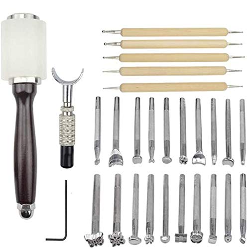 Opaltool 27 Stück Leder Werkzeuge Set, Lederschnitzhammer mit DIY Leder Prägestempel Set Schnitzset Platinum Leather Schneidwerkzeug Ledermesser Art Painting Cutter für Leder Carving Working Crafting von Opaltool