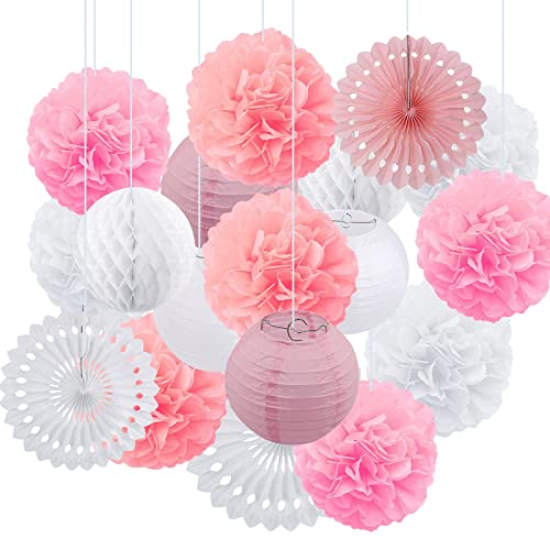 Lampions Pom Poms Wabenbälle, Papier Dekoration Set 12 Stück papier Pom Poms und 6 Stück Papierlaternen mit 3 Stück Wabenkugeln für Hochzeit Geburtstag Festival Party Dekorationen von Opaltool