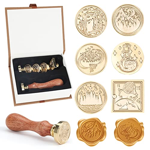 Wachssiegel Stempel Set, 6PC Klassische Wachs Siegel Stempel Messingköpfe mit 1 Holzgriff, Vintage Wax Seal Stamp Kit für Karten Umschlag Postkarte Etikett Hochzeit Einladung von Opaltool