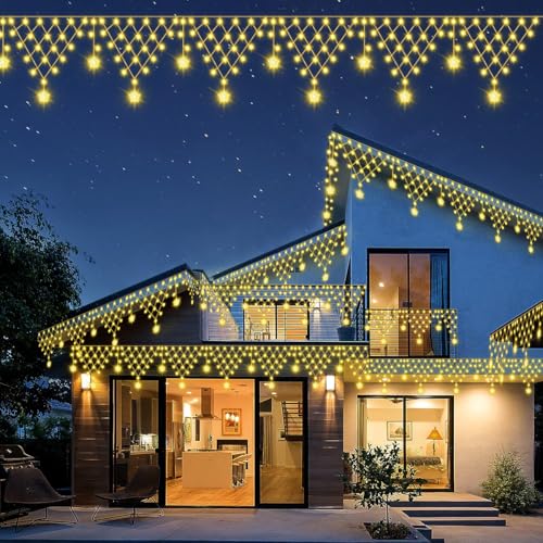 Opard Mesh Weihnachtsbeleuchtung 4.2m 11 Tropfen mit 8 Lichtmodi Timer und Memory Funktion, Weihnachts Eiszapfen Lichterkette mit Stecker für Weihnachtsdekoration Außen Innen Dachtraufe Party von Opard