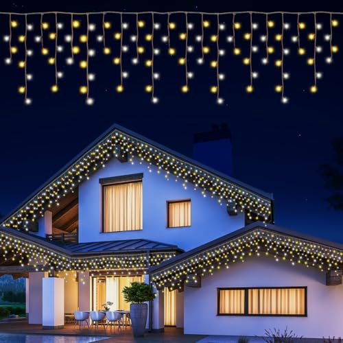 Opard Weihnachts Eiszapfen Lichterkette Außen, 12.8m 200 LED mit 11 Beleuchtungsmodi, Speicher- & Timerfunktion, Wasserdichte Zweifarbige Weihnachtsbeleuchtung mit Stecker für Deko Balkon Partys Haus von Opard