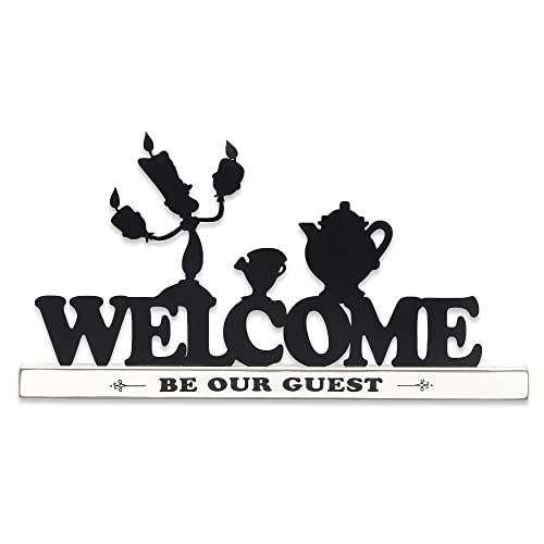 Disney Die Schöne und das Biest Welcome Be Our Guest Tischdekoration, Lumiere, Chip und Mrs. Potts Metall-Silhouetten auf weißem Holzsockel im Used-Look von Open Road Brands