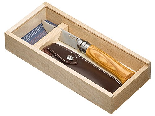 Opinel-Geschenkset, Opinel-Messer Nr. 8 Olivenholz Wunschgravur auf der Klinge, Etui, Holzbox von Opinel