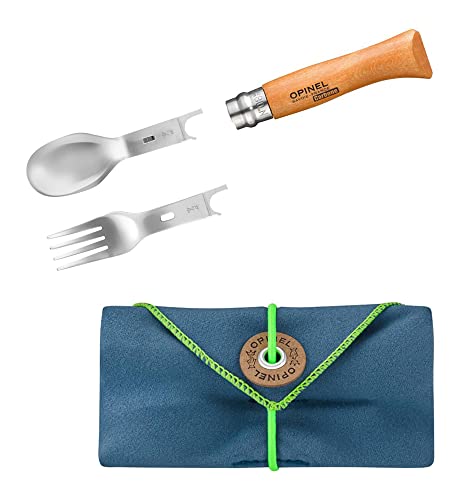 Opinel-Taschenmesser, Gr. 8, nicht rostfrei, inkl. PICNIC PLUS-Löffel- und Gabelaufsatz + Mikrofaserhandtuch-Etui, Namensgravur auf der Klinge | Messer inkl. praktischem Campingbesteck von Opinel