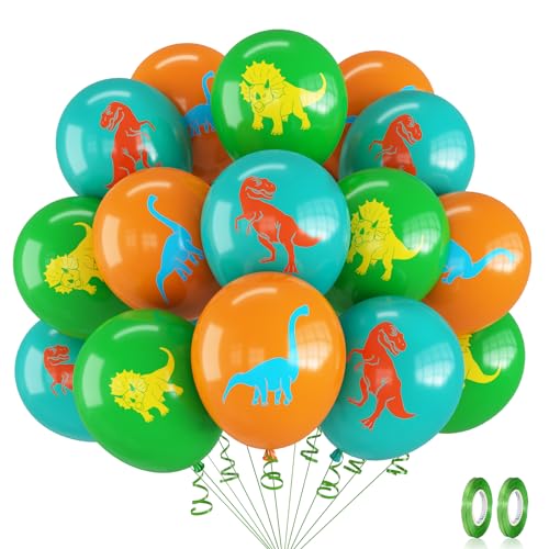 Dinosaurier Luftballons, 12 Zoll Dinosaurier Geburtstag Party Deko Latex Ballons, Grün Orange Blaugrün Dino Helium Luftballons für Jungen Kindergeburtstag Jurassic World Babyparty Party Dekoration von Oponti