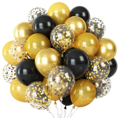 Gold Schwarz Luftballons Set, 60 Stück Schwarz Metallic Chrom Gold Latex Ballons mit Schwarz Gold Konfetti Luftballons, Schwarz Gold Geburtstagsdeko Luftballons für Hochzeit Babyparty Dekorationen von Oponti