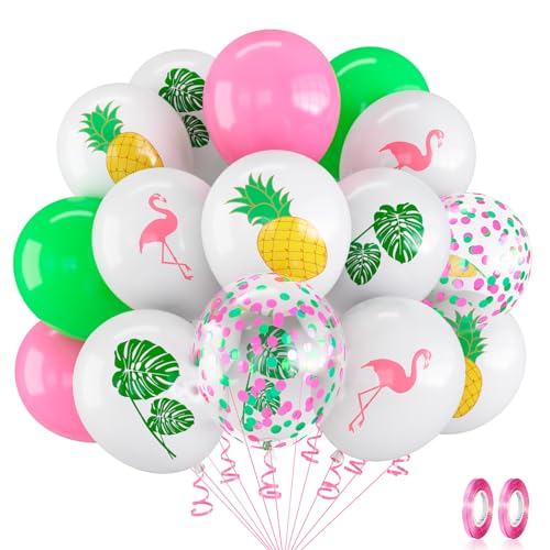 Hawaii Party Deko Ballons, 12 Zoll Pink Grün Weiß Tropical Flamingo Ananas Palmblätter Tropische Latex Luftballons für Mädchen Frauen Aloha Sommer Strand Thema Geburtstag Baby Shower Party Dekoration von Oponti