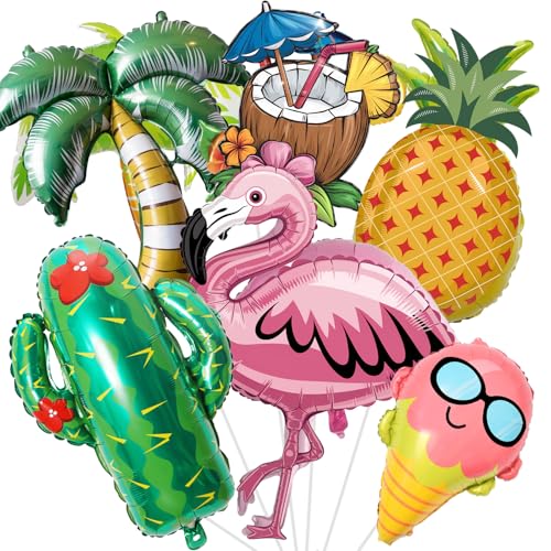 Hawaii Party Deko Ballons, Groß Luftballon Sommerparty Deko, 6 Stück Flamingo Ananas Kaktus Kokosnuss Baum Eiscreme Tropische Folienballons für Aloha Luau Geburtstagsdeko Pool Strandparty Dekoration von Oponti