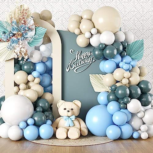 Luftballon Girlande Blau Beige Weiß, 116 Stück Staubig Pastell Blau Beige Schieferblau Weiß Sand Retro Latex Ballon Girlande Set für Jungen Mädchen Geburtstag Babyparty Brautparty Hochzeit Party Deko von Oponti