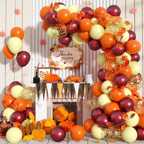 Luftballon Girlande Orange Gelb Set, Herbst Orange Burgund Rot Gelb Gold Konfetti Latex Ballon Girlande mit 6.5Ft Ahornblätter Deko für Herbstdeko Babyparty Thanksgiving Geburtstag Party Dekoration von Oponti