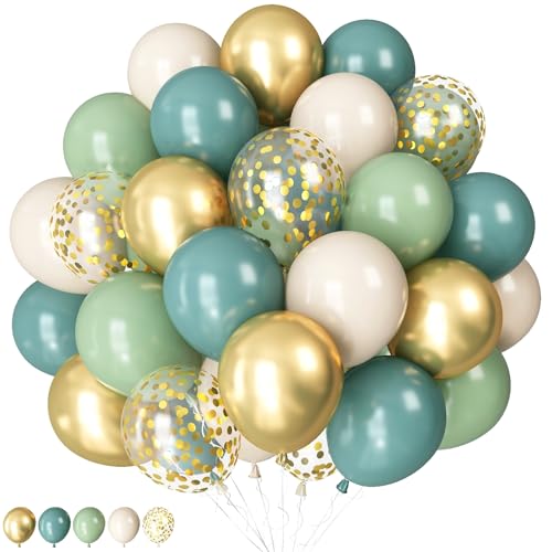 Luftballon Salbeigrün Blau, 60 Stück Retro Slate Blau Pastell Sage Grün Weiß Sand Ballons mit Metallic Gold Konfetti Geburtstag Ballon für Boho Geburtstagsdeko Babyparty Hochzeit Verlobung Party Deko von Oponti