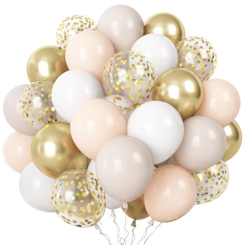 Luftballons Beige Gold, 60 Stück Creme Weiß Gold Konfetti Helium Ballons, Neutral Sandweiß Beige Gold Latexballons für Mädchen Frau Boho Hochzeit Geburtstag Babyparty JGA Party Deko von Oponti