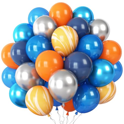 Luftballons Blau Gelb, 60 Stück Weltraum Luftballons Set Marineblau Metallic Blau Silber Orange Gelb Achat Latexballons Helium Ballons für Junge Kinder Geburtstag Partydeko Babyparty Dekoration von Oponti