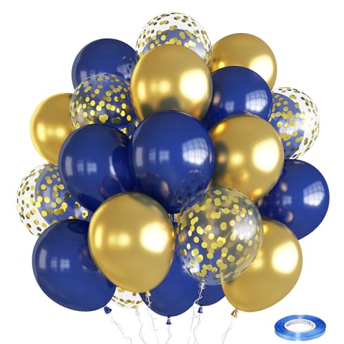 Luftballons Blau Gold, 12 Zoll Marineblau Metallic Gold und Konfetti Latex Ballons, Blau Goldene Deko Party Luftballons für Jungen Männer Kinder Geburtstag Hochzeit Babyparty Party Dekorationen von Oponti