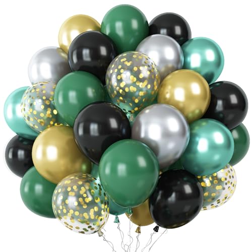 Luftballons Grün Gold Set, 60 Stück 12 Zoll Dunkelgrün Schwarz Metallic Grün Silber Latexballons mit Gold Konfetti Ballons für Kinder Jungen Dschungel Safari Geburtstagsdeko Babyparty Hochzeit von Oponti