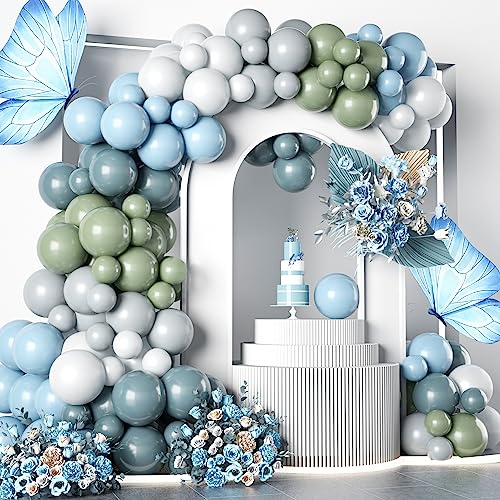 Retro Ballon Girlande Blau Grün Weiß, 112 Stück Luftballon Girlande Staubig Blau Salbeigrün Grau Weiss Latexballons Set für Jungen Mädchen Frau Boho Geburtstag Babyparty Hochzeit Party Deko von Oponti