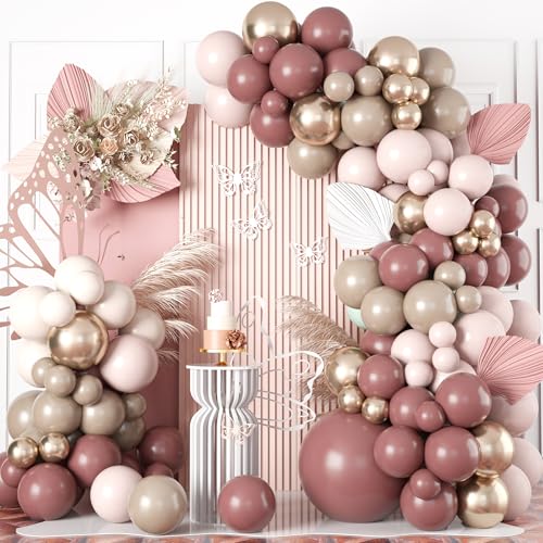 Retro Ballon Girlande Rosa Beige Gold, Boho Luftballon Girlande Altrosa Pastell Rosa Nude Beige Braun Champagner Gold Latexballons Set für Mädchen Frau Geburtstag Hochzeit Verlobung Party Deko von Oponti