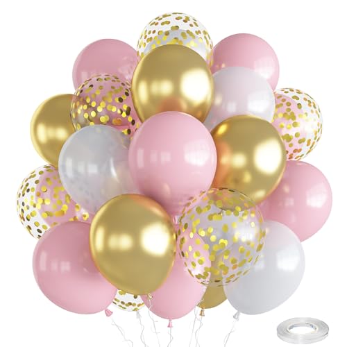 Rosa Weiß Gold Luftballons, 12 Zoll Pastell Rosa Weiß Metallic Gold Konfetti Latex Ballons, Geburtstag Party Luftballons Set für Mädchen Babyparty Geburtstagdeko Hochzeit Party Dekorationen von Oponti