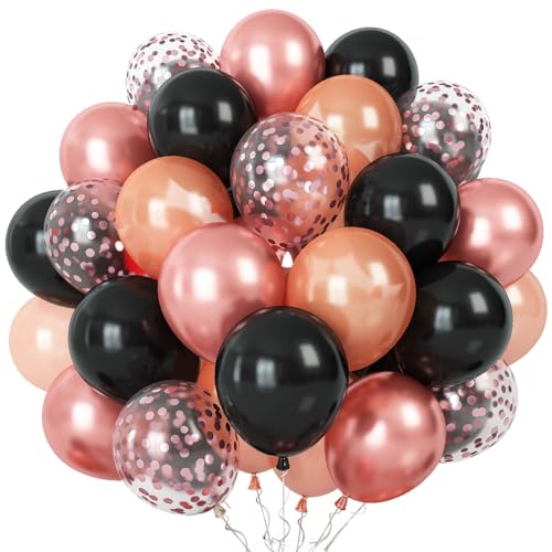 Roségold Schwarz Luftballons, 60 Stück Schwarz Metallic Rosegold Latex Luftballons mit Konfetti Ballons, Schwarz Roségold Geburtstagsdeko für Mädchen Frauen Hochzeit Verlobung Babyparty Dekoration von Oponti