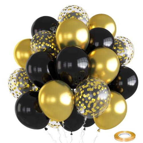 Schwarz Gold Luftballons, 12 Zoll Matt Schwarz Metallic Gold Konfetti Latex Ballons mit Band, 30 Stück Gold Schwarze Party Luftballons für Hochzeit Geburtstag Babyparty Abschluss Jubiläum Dekoration von Oponti