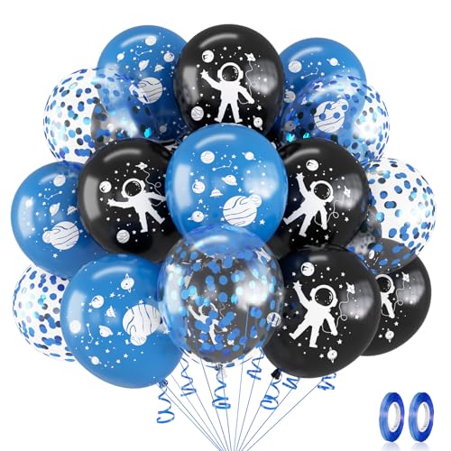 Weltraum Geburtstag Deko, 12 Zoll Weltraum Party Luftballon Set Blau Schwarz Konfetti Astronaut Planet Rakete Latex Helium Ballons für Kinder Jungen Babyparty Kindergeburtstag Party Dekoration zubehör von Oponti