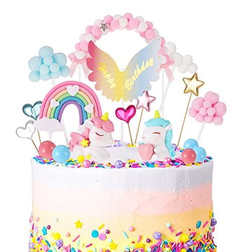 Opopark 26 Stück Einhorn Tortendeko Regenbogen Tortendeko Happy Birthday Torten Topper Luftballon Sternen Cake-Topper Kuchen Aufsätze für Mädchen Geburtstag von Opopark