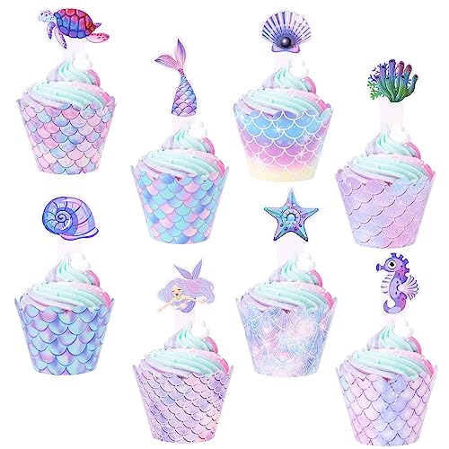 Opopark Meerjungfrau Tortendeko,48 Stück Mermaid Cake Toppers Kuchen Deko Kinder Frauen Geburtstag Deko für Cupcake Toppers Wrappers Meerjungfrau Thema Party Dekoration von Opopark