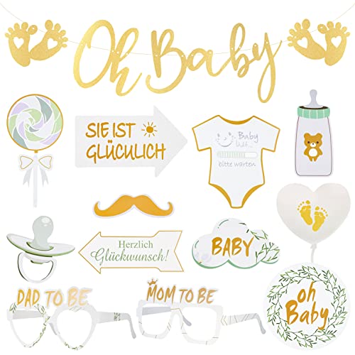 Opopark Babyparty Deko Set, 1 Stück Oh Baby Girlande Deko Banner Gold und 12 Stück Babyparty Fotorequisiten, Neugeborene Foto Stützen, Photo Booth Props für Baby Shower,Babydusche,Gender Reveal Party von Opopark