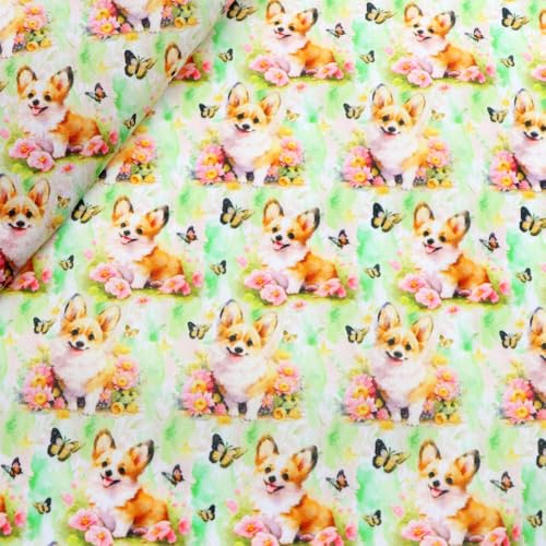 Optxzn 50 * 145 cm Corgi Hund Bedruckter Polyester-Baumwollstoff für Gewebe Nähen Quiltstoffe Handarbeitsmaterial DIY Handarbeit von Optxzn