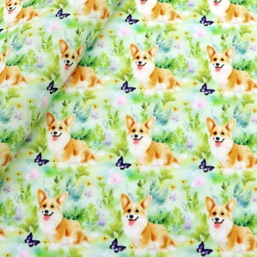 Optxzn 50 * 145 cm Corgi Hund Bedruckter Polyester-Baumwollstoff für Gewebe Nähen Quiltstoffe Handarbeitsmaterial DIY Handarbeit von Optxzn