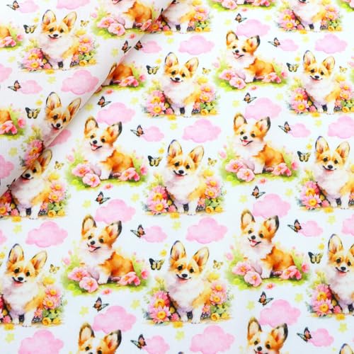 Optxzn 50 * 145 cm Corgi Hund Bedruckter Polyester-Baumwollstoff für Gewebe Nähen Quiltstoffe Handarbeitsmaterial DIY Handarbeit von Optxzn