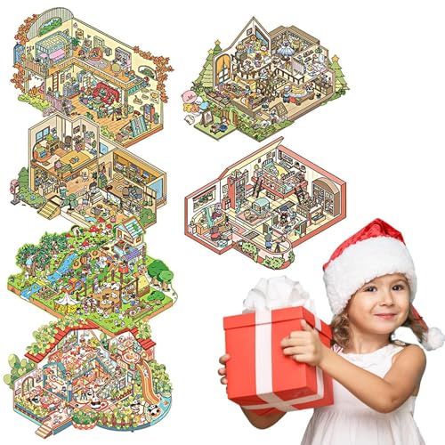 Miniaturlandschaftsaufkleberbuch, Landschaftsaufkleber -Szene | Kreatives 3D-No-Cut-Cartoon House-Aufkleber,Dreamland Landscape Decal, Relief Stress Pass the Time Sticker für Zuhause, Junge, Schuldeko von Opvonxeh