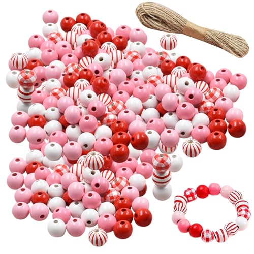 Wooden Beads für Valentine's Crafts, natürliche lose Perlen für runde Holzarbeiten, Valentine's Day Jewelry Beads, natürliche Holzperlen 200 x, Perlen mit Rope für Kunsthandwerk, lose Bastelperlen von Opvonxeh