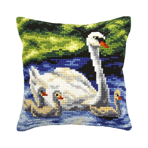 Orchidea Cross Stitch Cushion Kit Kreuzstich-Kissen-Set, Schwanenfamilie, 40 x 40 cm von Orchidea