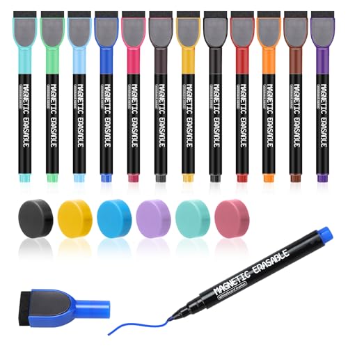 Orchideeknc Whiteboard Marker, 12 Farben Magnetische Whiteboard Stifte, 2 mm Feine Spitze Wasserlösliche Folie Stift mit 6 Stück Magneten für Schule Büro Haus von Orchideeknc