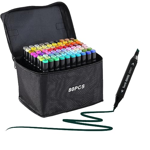 Ordeluxe 80 Farben Dual Tip Art Marker Set, Filzstifte für Erwachsene, Permanent Alkohol Marker Stifte für Zeichnen, Skizzieren, Anime, Manga, Graffiti mit Tragetasche und Aufbewahrungsbasis von Ordeluxe