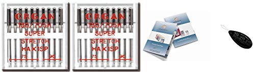 Organ Haushaltsnähmaschinennadeln, super dehnbar (HA x 1SP), 2 Packungen mit 10 Stück, Größen 75/11 & 90/14 + einzigartiger großer Nadeleinfädler & Organ Nadelindex-Anleitung von Organ